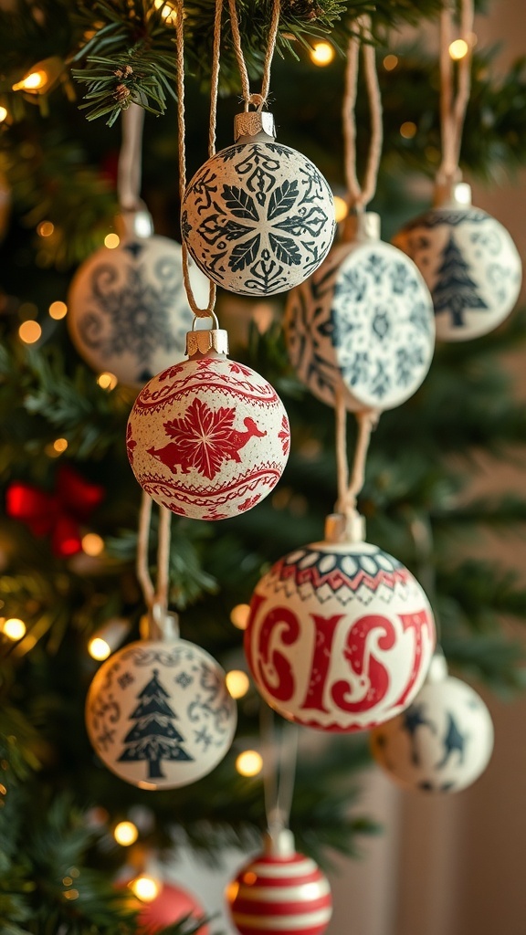 Linocut Christmas Ornaments Tutorial Colorful linocut Christmas ornaments with various designs hanging on a decorated tree.